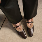 Genuine Sheepskin Pointed Toe Ankle Strap Flat Shoes