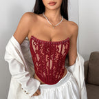 Floral Lace Fishbone Strapless Backless Corset Top - Wine Red