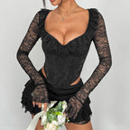 Floral Lace Steel Ring Fishbone Slim Fit Top