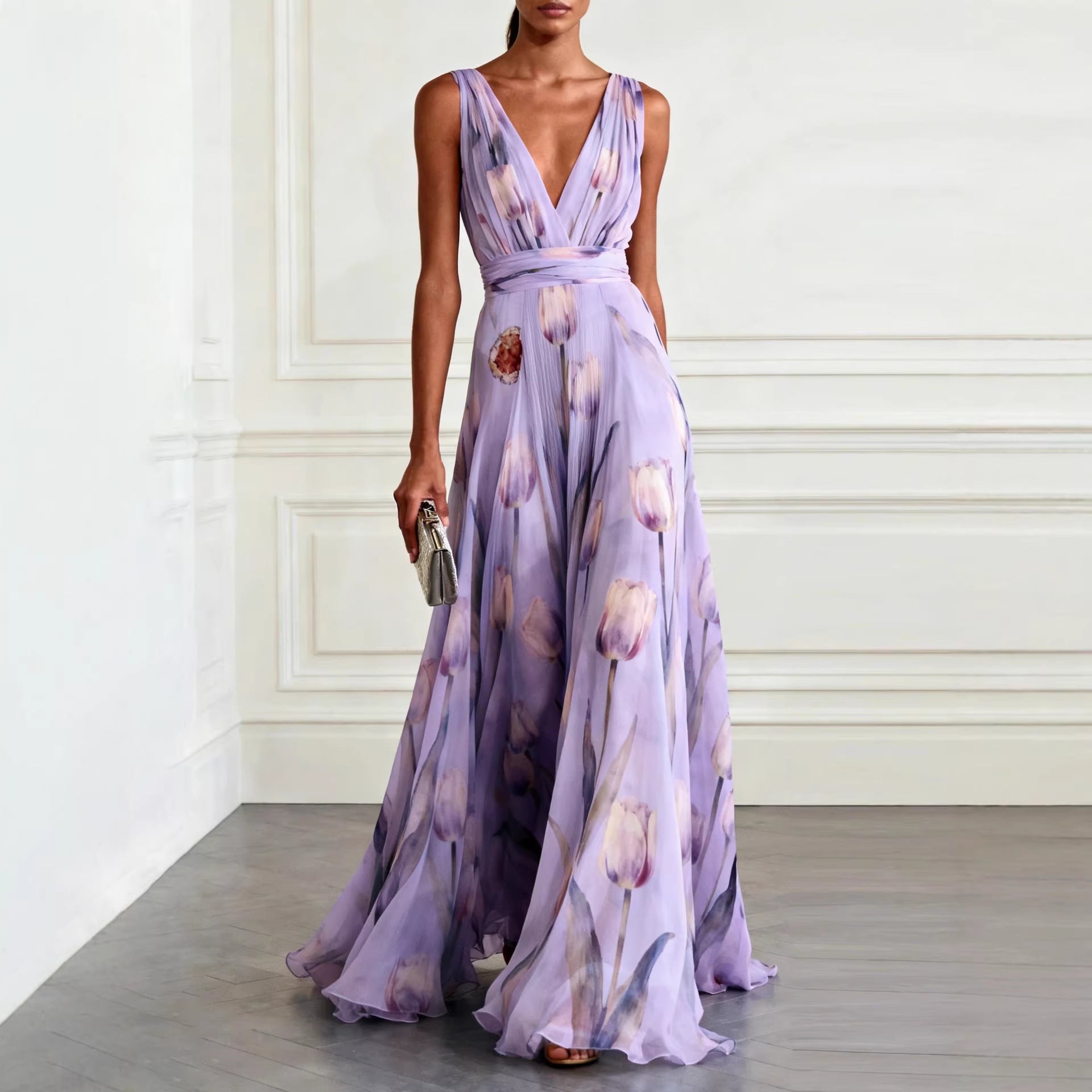 Floral Print Sleeveless Maxi Dress - Light Purple
