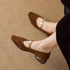 French Retro Square Toe Suede Flat Pumps