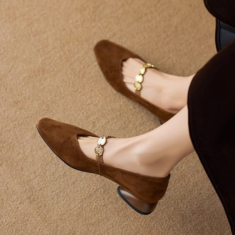 French Retro Square Toe Suede Flat Pumps