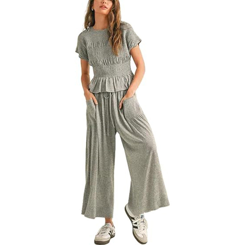 Sleeveless Top & Pleated High-Waist Wide-Leg Pants Set - Gray