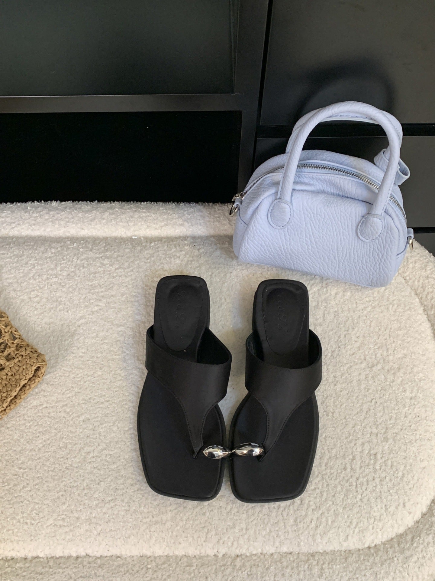 Korean Wedge Square-Toe Microfiber Slide Sandals - Black