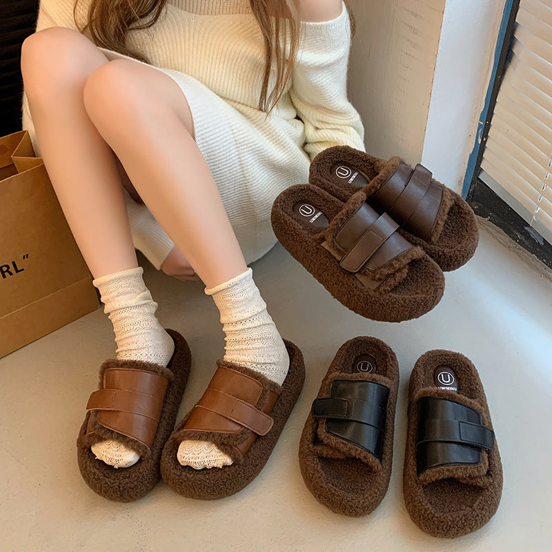 Fluffy Lamb Wool Fleece-Lined Suede Slippers