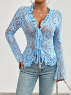 Bell Sleeve Slim-Fit Lace Top - Blue