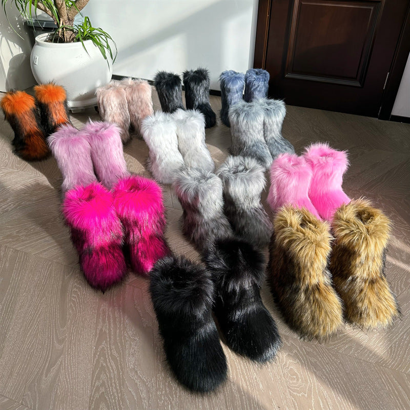 Faux Raccoon Fur Fluffy Short Snow Boots