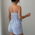 Striped Ruffle Crop Top & Elastic Waist Shorts Set - Blue