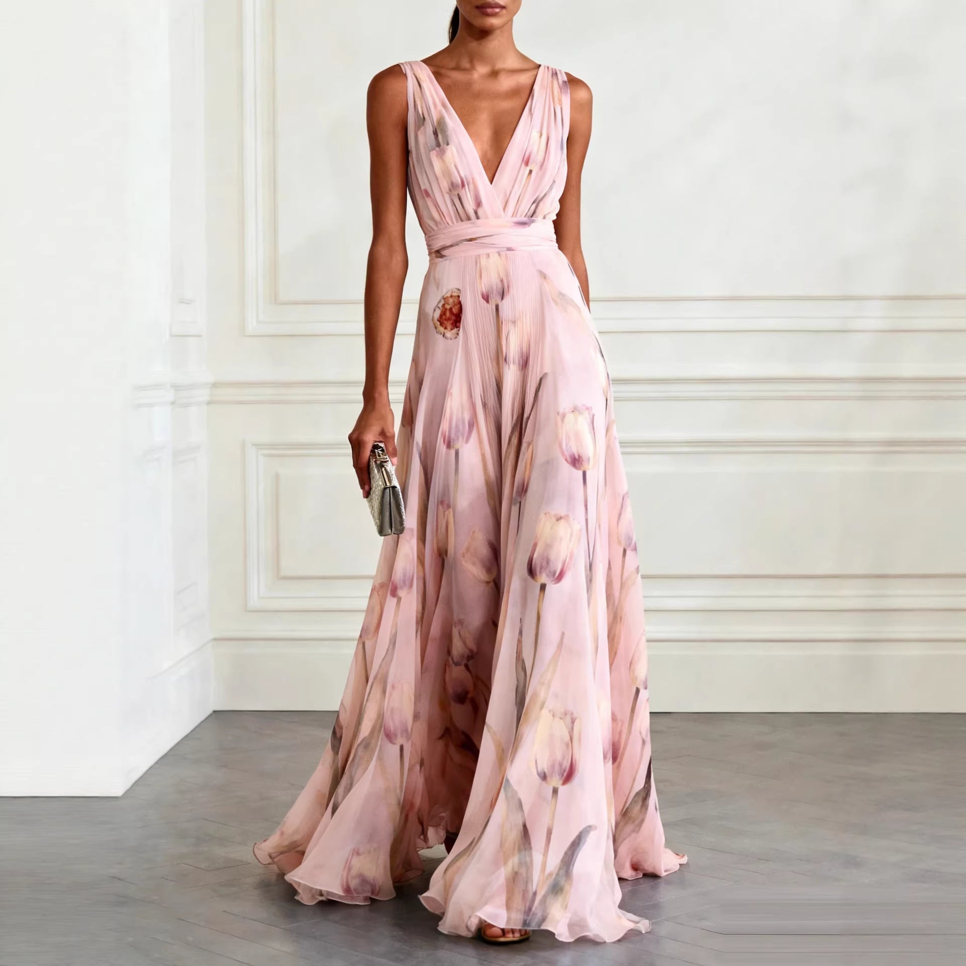 Floral Print Sleeveless Maxi Dress - Light Pink