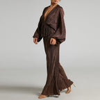 Lantern Sleeve Deep V Wide Leg Pants Two-Piece Set