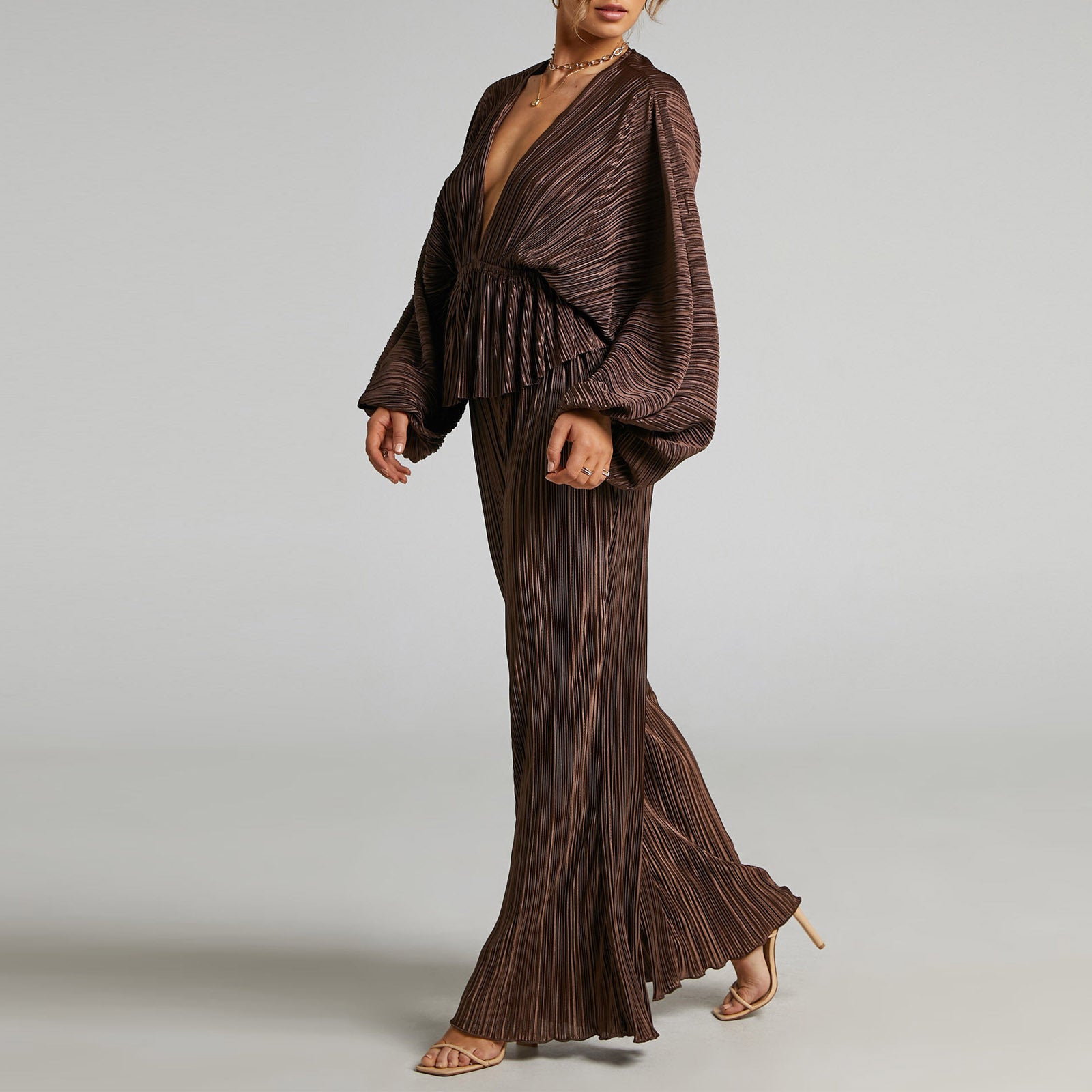 Lantern Sleeve Deep V Wide Leg Pants Two-Piece Set
