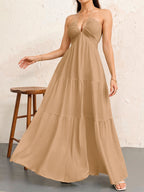 Women's Backless Halterneck Maxi Dress - Khaki