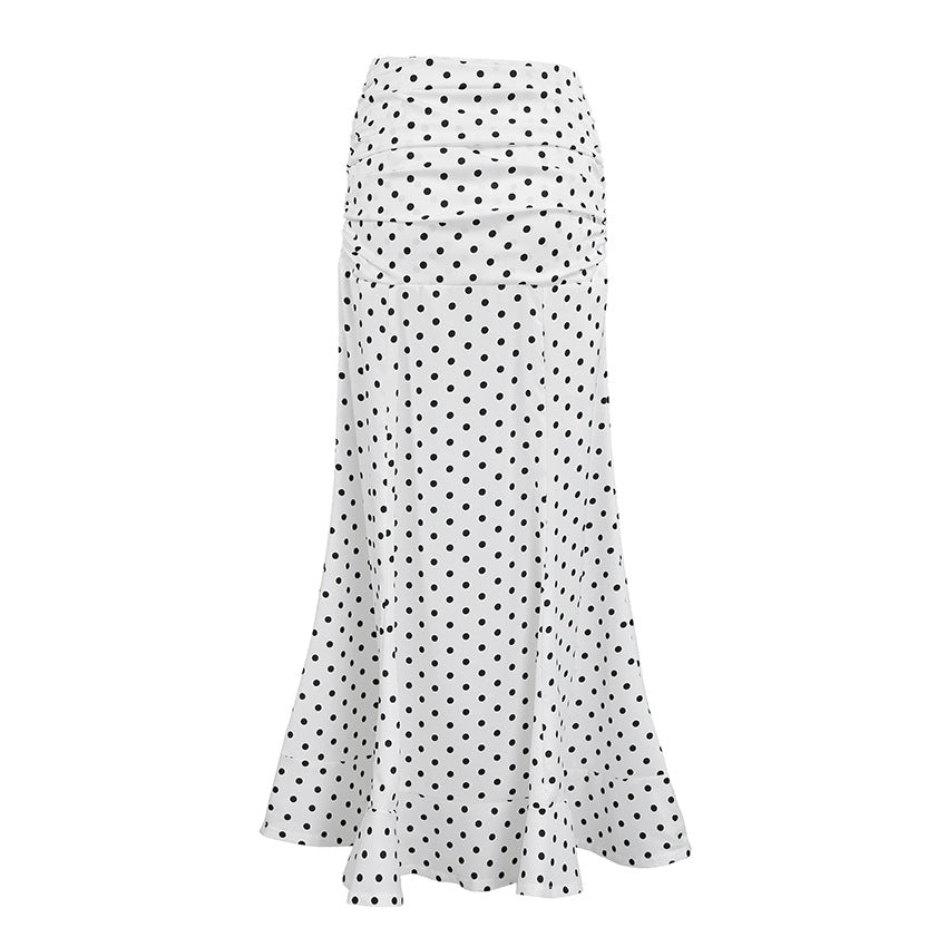 Polka Dot Pleated Mermaid Long Skirt - Polka Dot