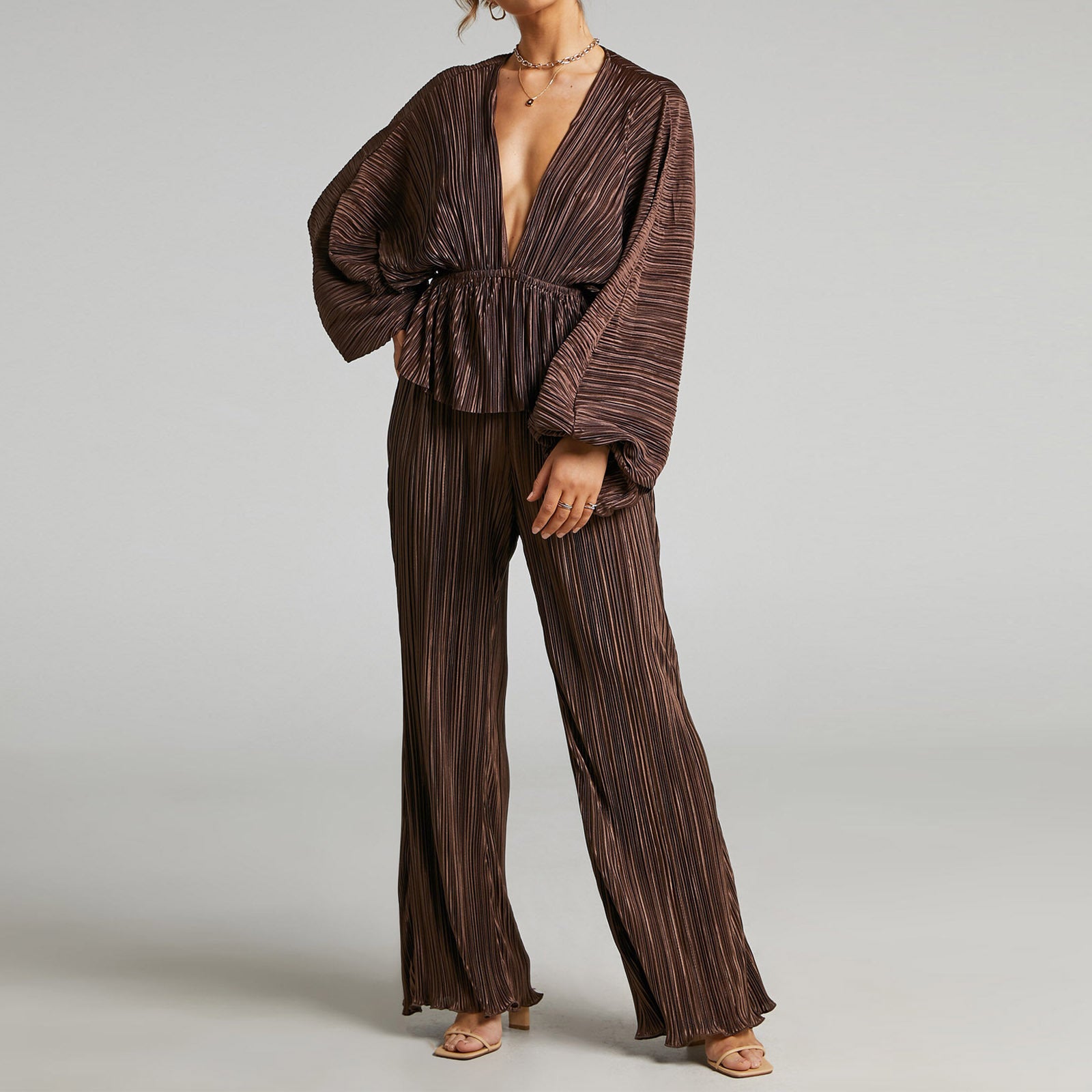 Lantern Sleeve Deep V Wide Leg Pants Two-Piece Set
