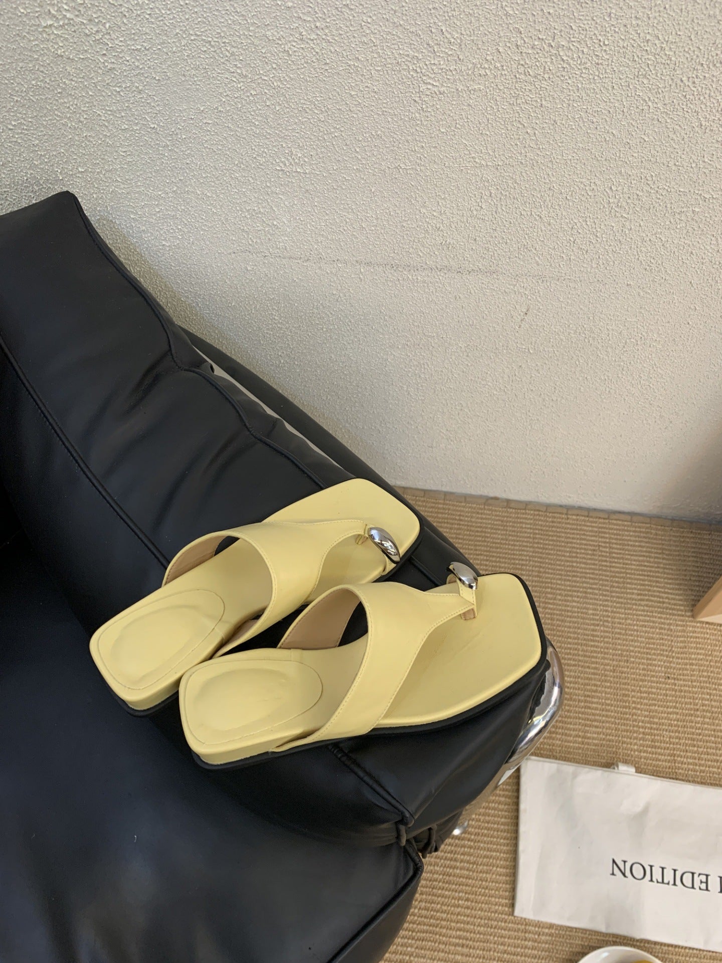 Korean Wedge Square-Toe Microfiber Slide Sandals - Yellow