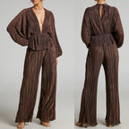 Lantern Sleeve Deep V Wide Leg Pants Two-Piece Set