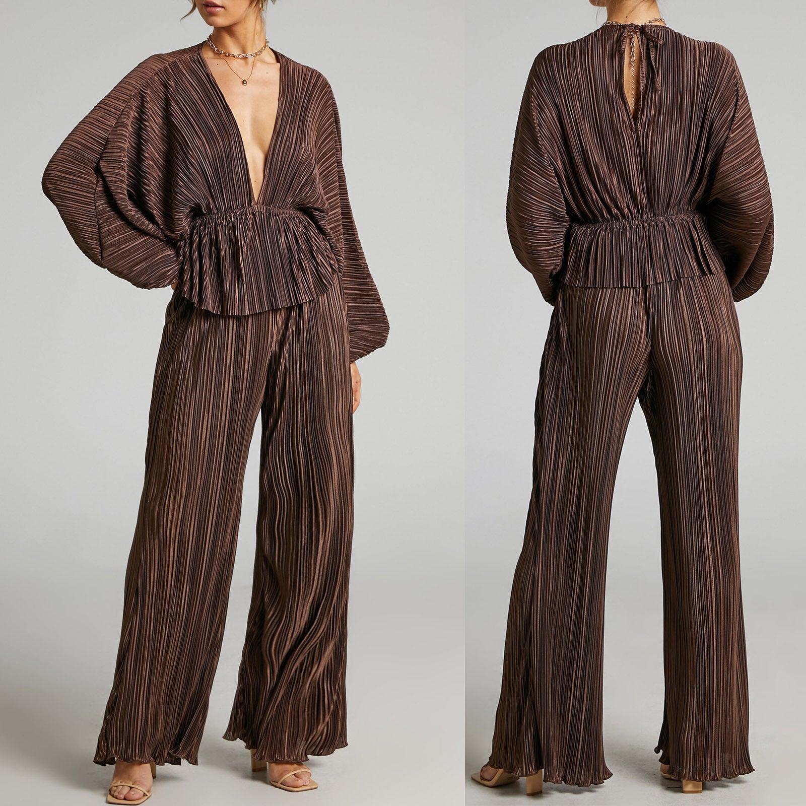Lantern Sleeve Deep V Wide Leg Pants Two-Piece Set
