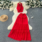 V-Neck Halter Top & High-Waist Skirt Set - Red
