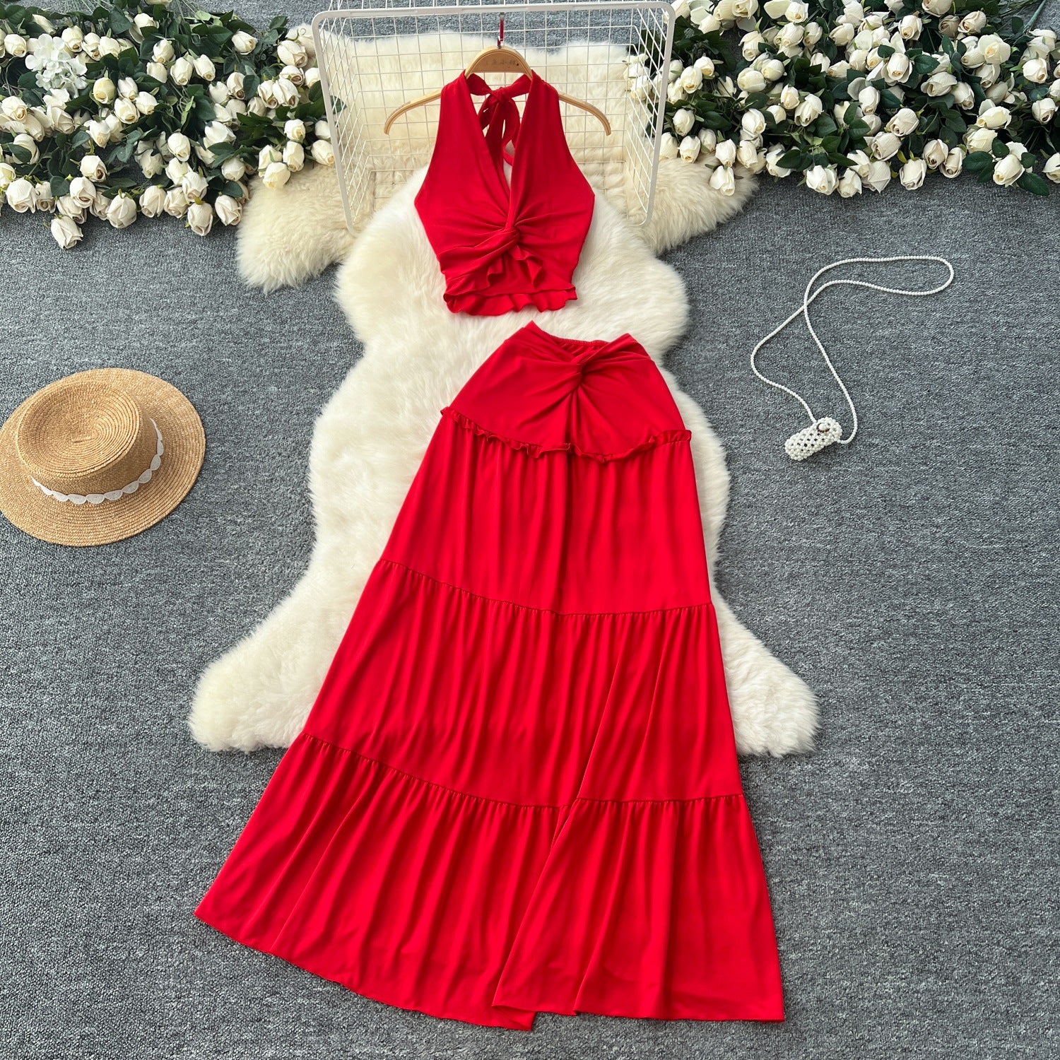 V-Neck Halter Top & High-Waist Skirt Set - Red