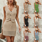 Women's Solid Color Sleeveless Knit Two-Piece Suit  - Top & Short Skirt Set