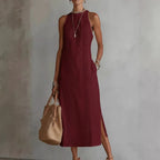 Women's Lace Patchwork Sleeveless Midi Dress - Red