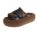 Fluffy Lamb Wool Fleece-Lined Suede Slippers - Black