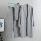 Knit Vest & Long Cardigan & Wide-Leg Pants 3-Piece Set - Grey