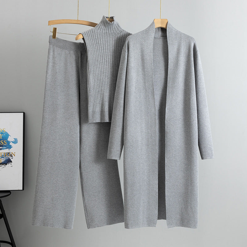 Knit Vest & Long Cardigan & Wide-Leg Pants 3-Piece Set - Grey