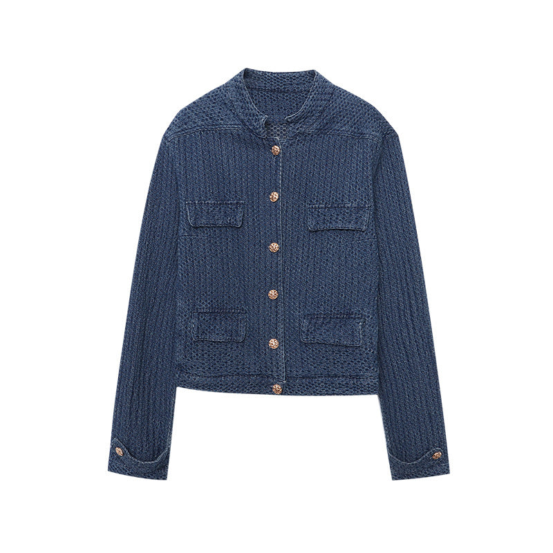 Loose Long Sleeve Classic Denim Jacket - Blue