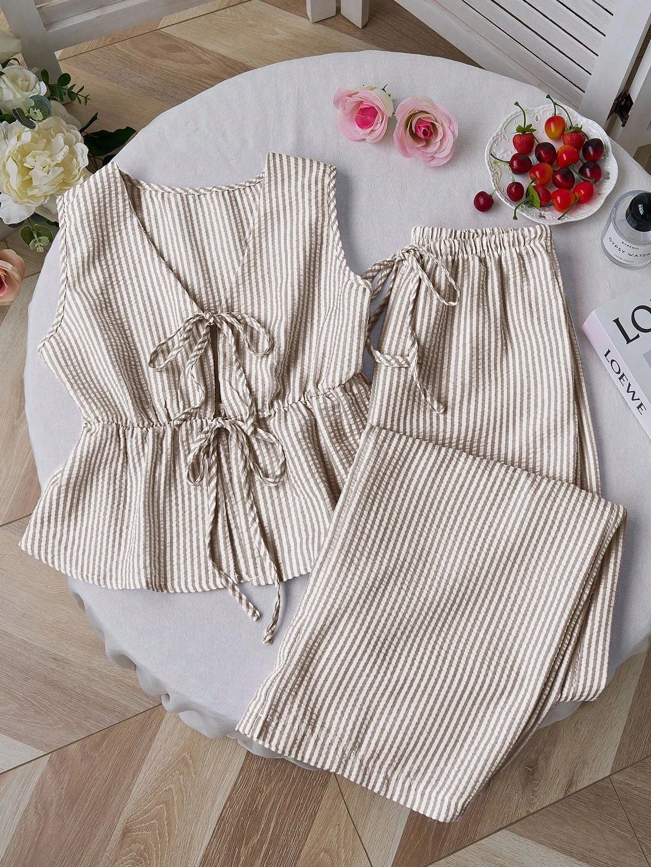 Striped Tank Top & Solid Pants Two-Piece Set - Khaki 
