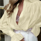 Lantern Sleeve Loose Button Cardigan Shirt Top - Yellow
