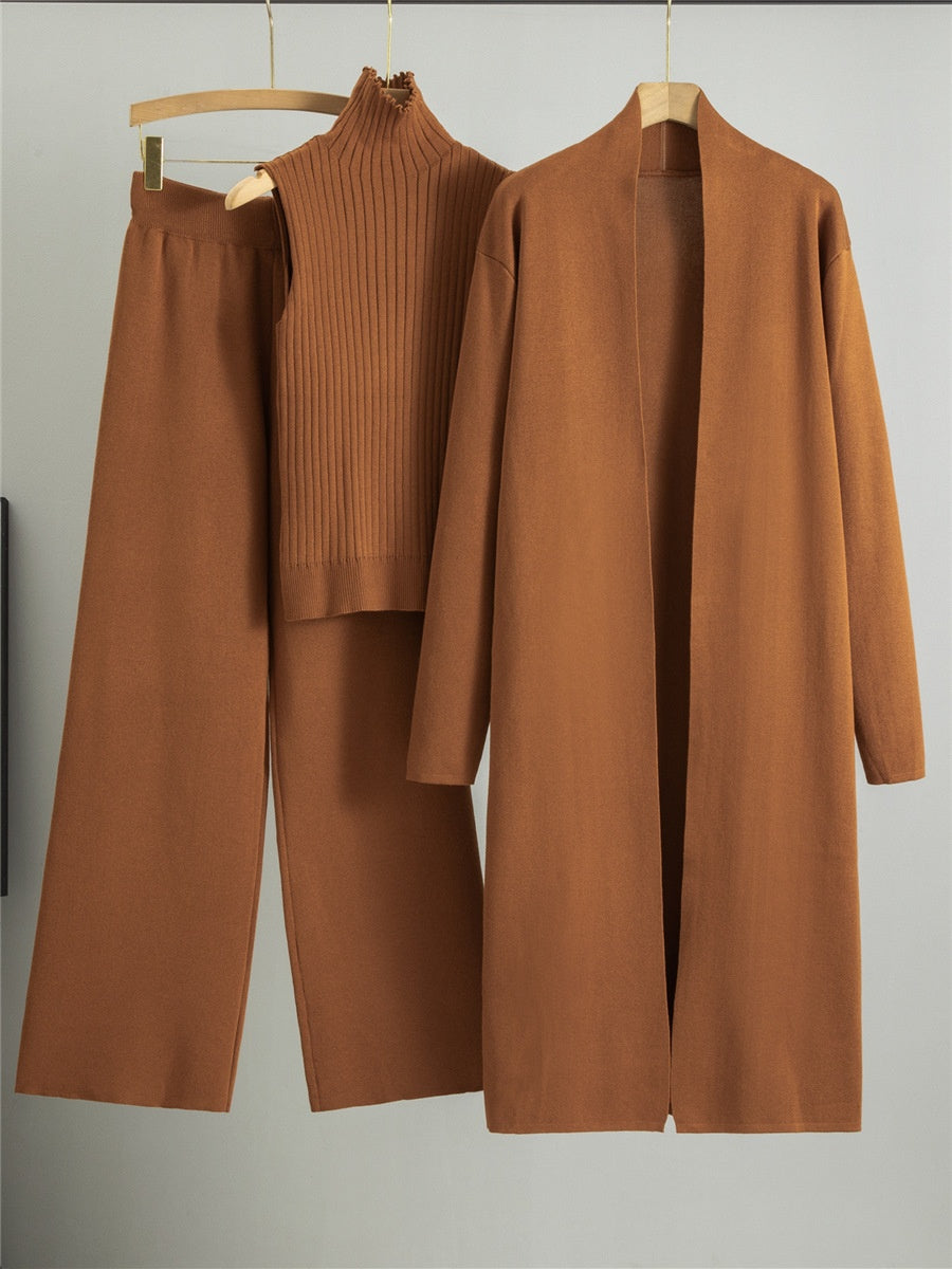 Knit Vest & Long Cardigan & Wide-Leg Pants 3-Piece Set - Caramel