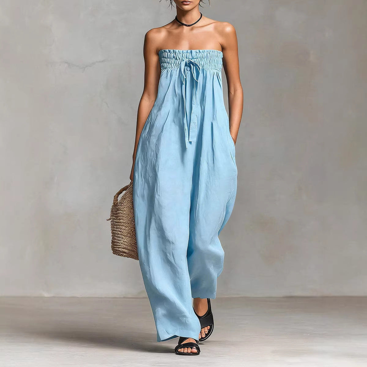 Women's Strapless Ruched Jumpsuit - Sky Blue