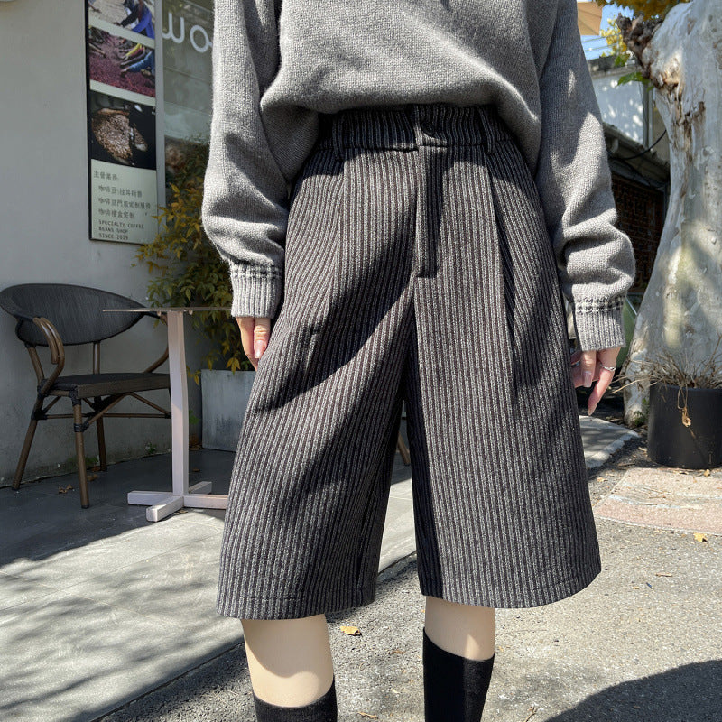 High-Waist Zipper Wool-Blend Straight Cropped Pants - Black And Gray