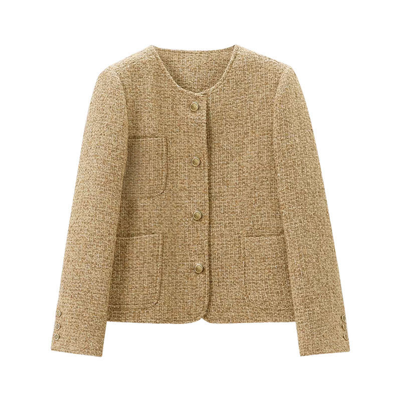 Patchwork Pocket Long Sleeve Short Coat - Beige
