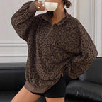 Leopard Print Corduroy Zip-Up Loose Sweatshirt