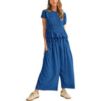 Sleeveless Top & Pleated High-Waist Wide-Leg Pants Set - Blue