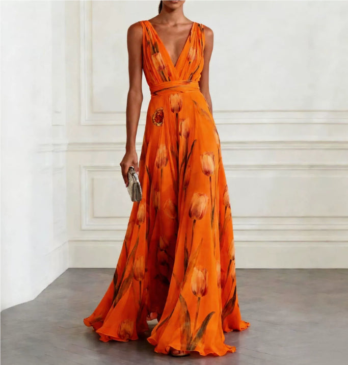 Floral Print Sleeveless Maxi Dress - Orange