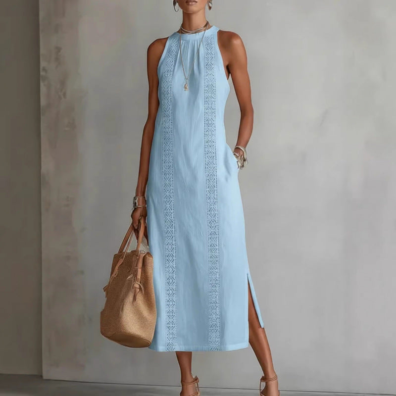 Women's Lace Patchwork Sleeveless Midi Dress - Blue