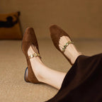 French Retro Square Toe Suede Flat Pumps