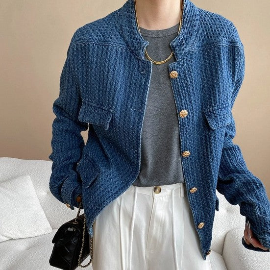 Loose Long Sleeve Classic Denim Jacket - Blue