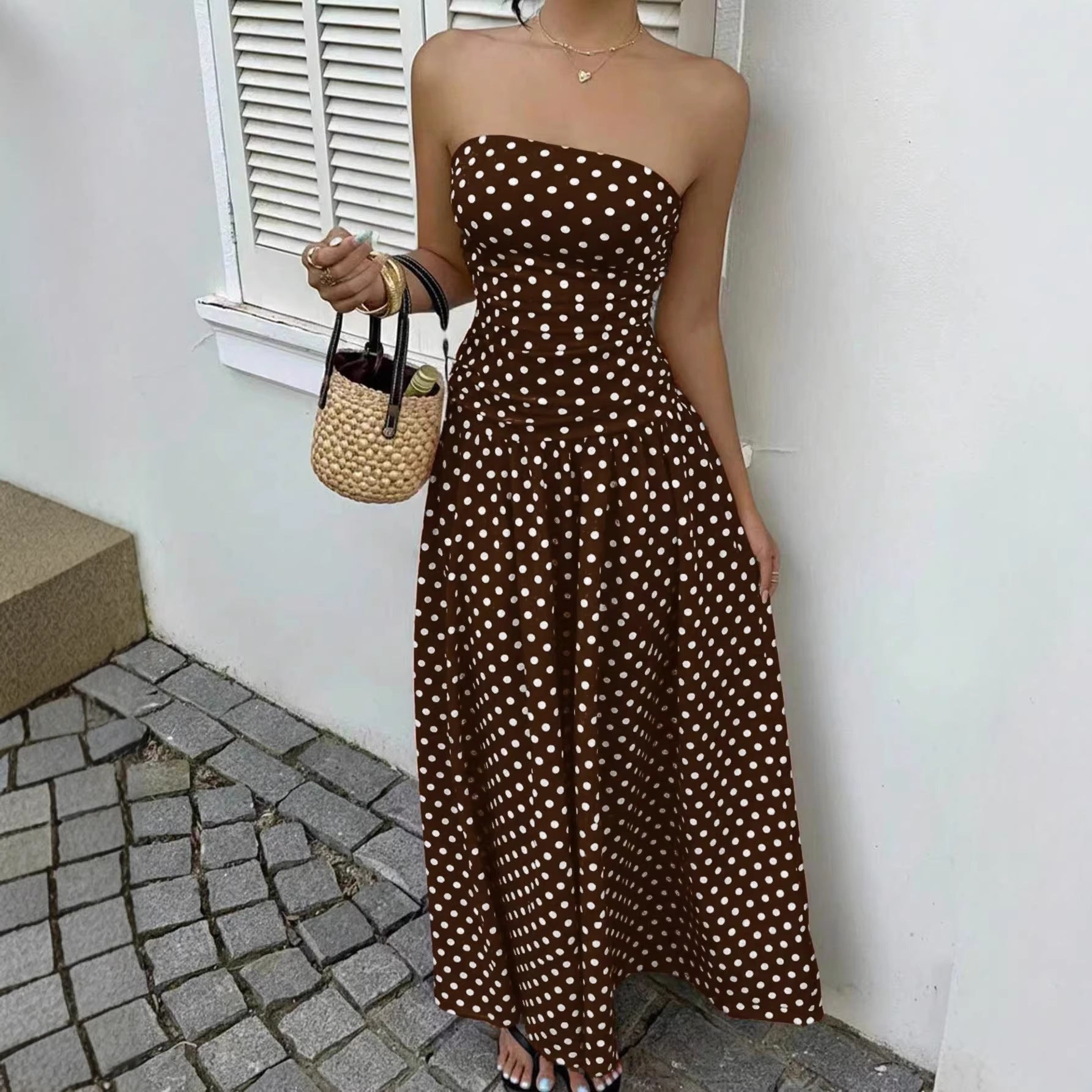 Solid Color Sleeveless High-Waist Dress - Brown