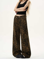 Vintage Leopard Print Mid Waist Straight Jeans