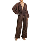 Lantern Sleeve Deep V Wide Leg Pants Two-Piece Set