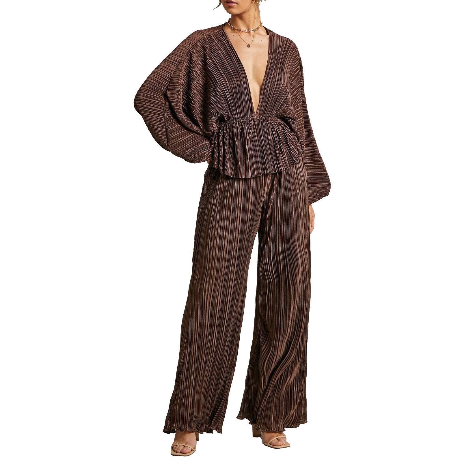 Lantern Sleeve Deep V Wide Leg Pants Two-Piece Set
