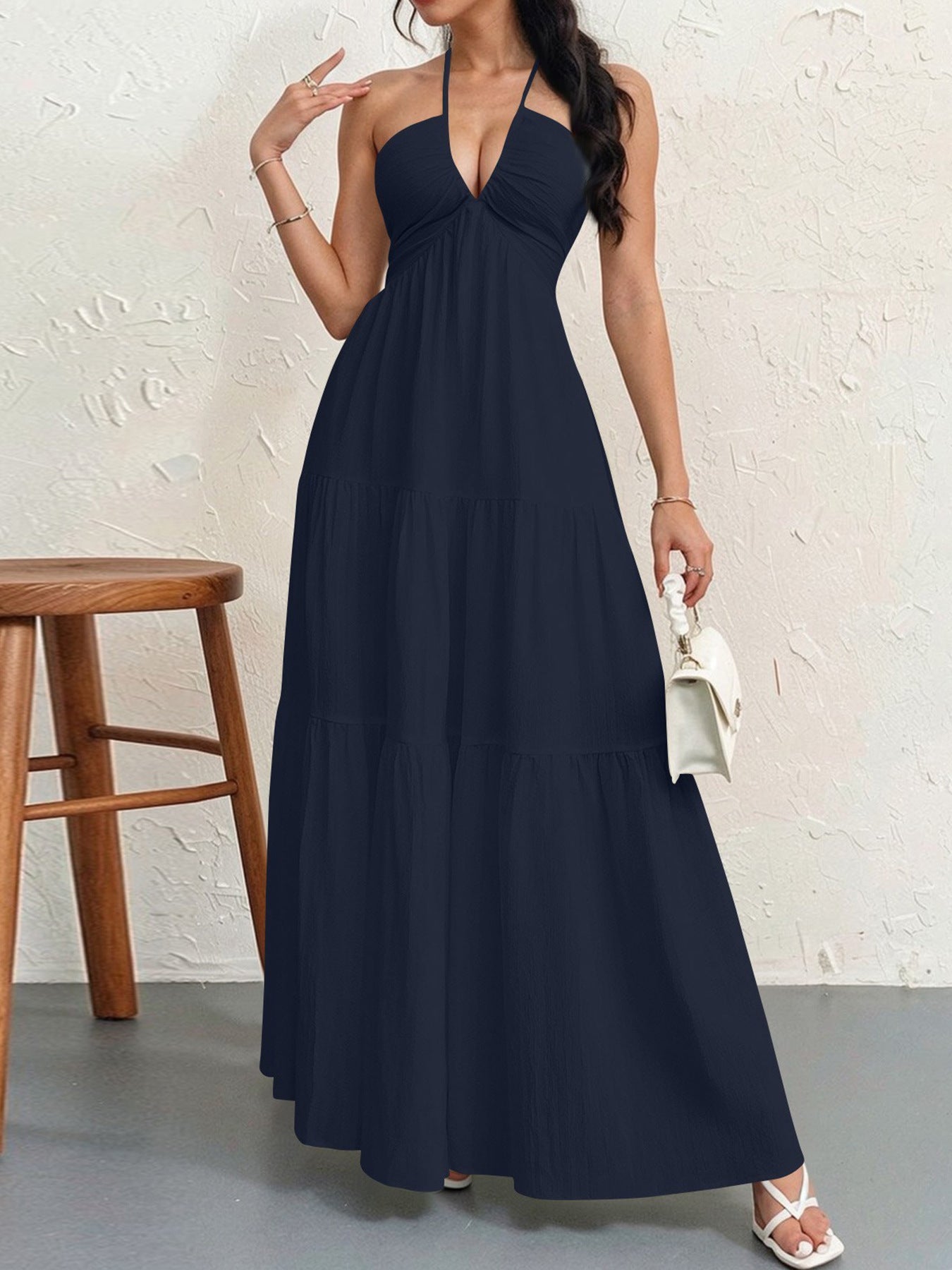 Women's Backless Halterneck Maxi Dress - Sea Blue