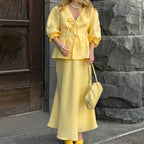 Puff Sleeve Lace-Up Top & Pleated Maxi Skirt Set - Yellow