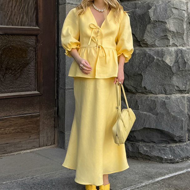 Puff Sleeve Lace-Up Top & Pleated Maxi Skirt Set - Yellow
