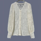 V-Neck Lace Trim Button-Down Blouse - Apricot