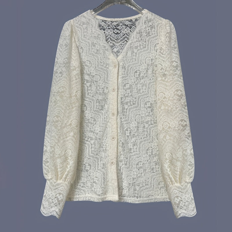 V-Neck Lace Trim Button-Down Blouse - Apricot
